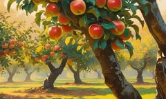A vibrant apple orchard with ripe red apples hanging from trees.