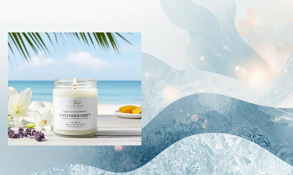 A white scented candle in a clear glass jar with a minimalist label, featuring the ’lavender drift’ scent from royal care aromatherapy.