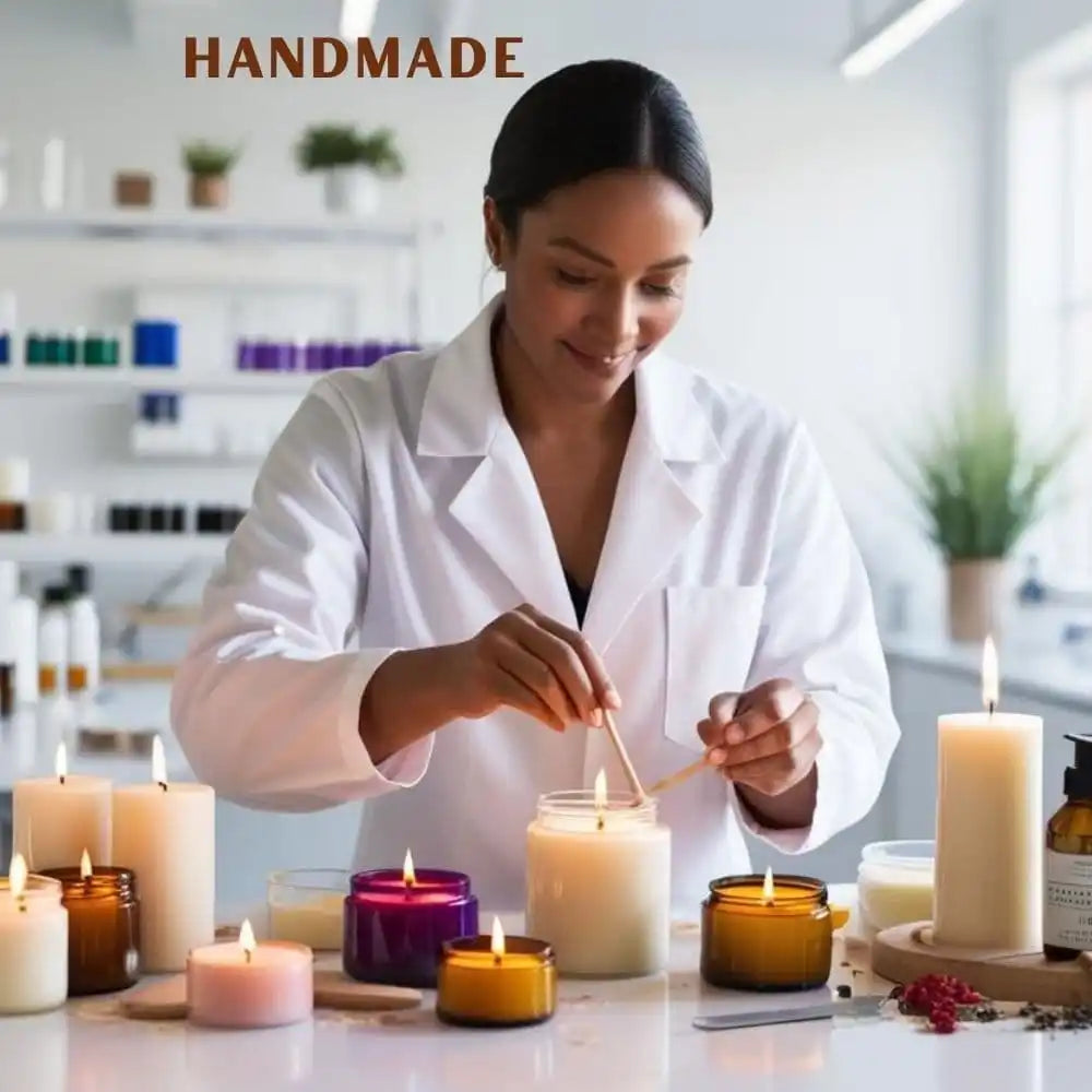 Person in a lab coat working with candles in a workshop setting, with 'HANDMADE' text above.